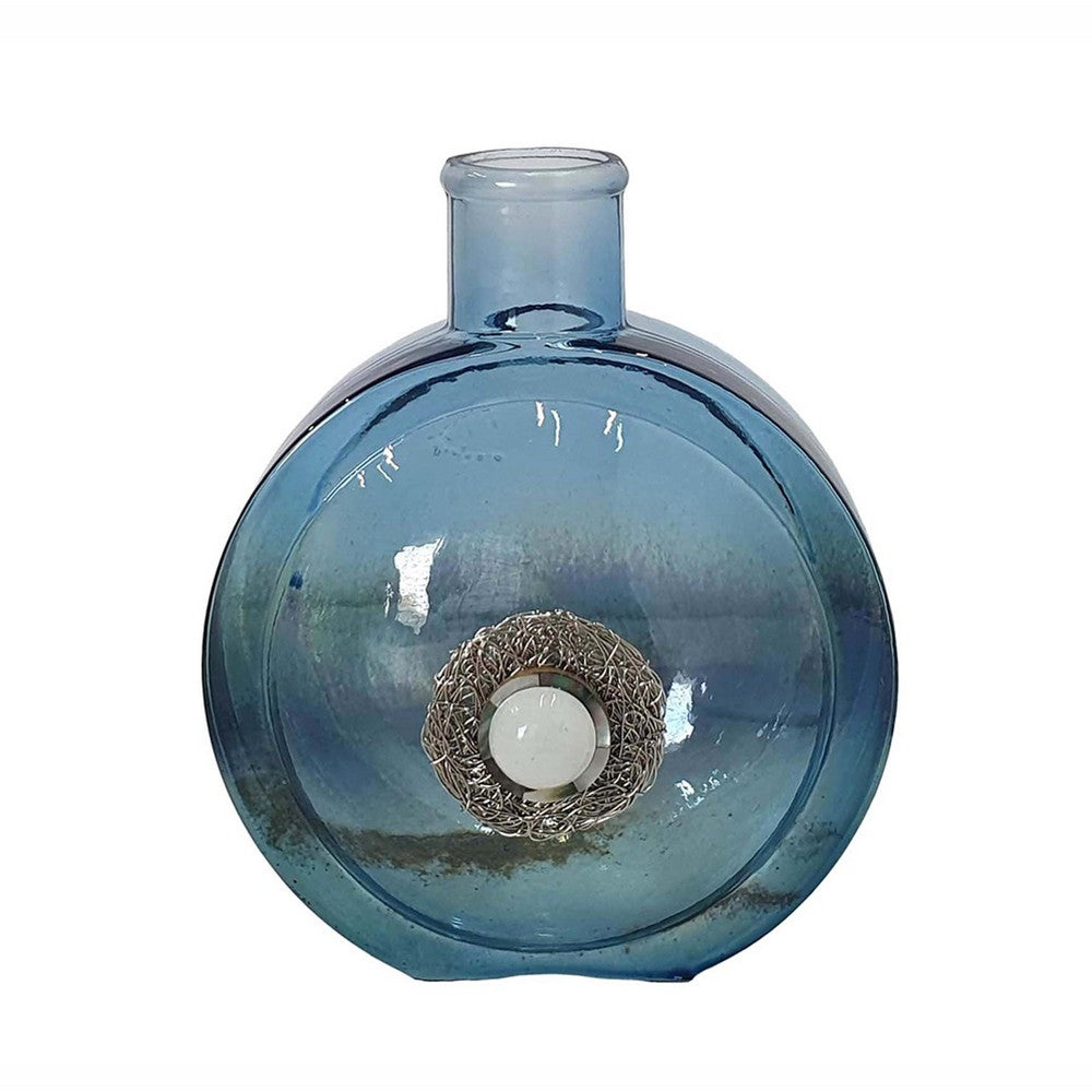 Decorative Floral Vase, Ocean Blue Glass with Stone Motif, 8 Inch - BM350259