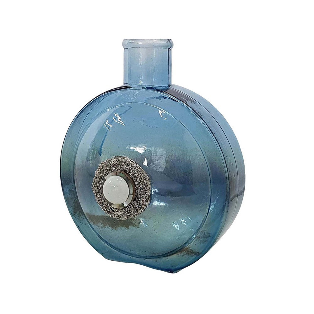 Decorative Floral Vase, Ocean Blue Glass with Stone Motif, 8 Inch - BM350259