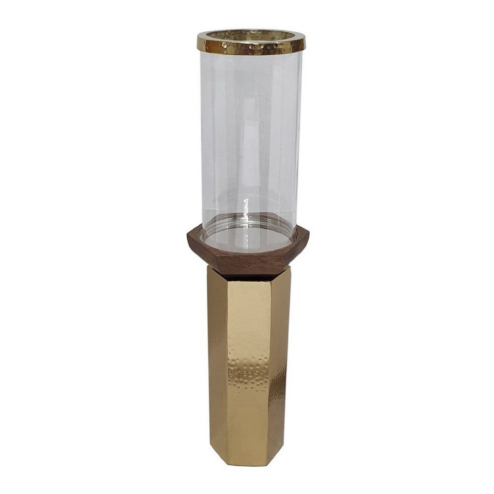 Gemo Hurricane Candle Holder with Gold Base, Mango Wood Accent 20 Inch - BM350261