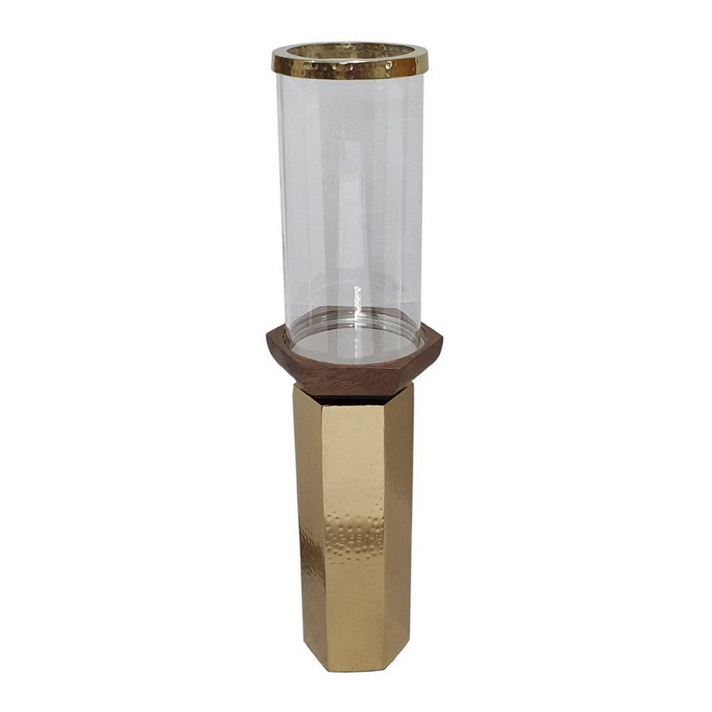 Gemo Hurricane Candle Holder with Gold Base, Mango Wood Accent 20 Inch - BM350261