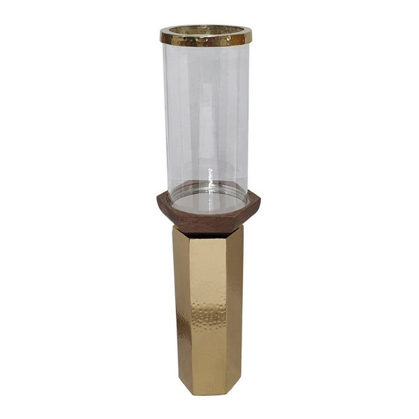 Gemo Hurricane Candle Holder with Gold Base, Mango Wood Accent 20 Inch - BM350261