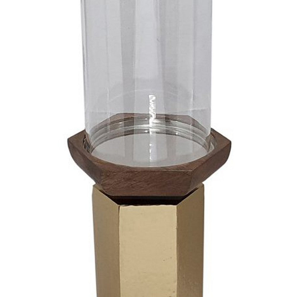 Gemo Hurricane Candle Holder with Gold Base, Mango Wood Accent 20 Inch - BM350261