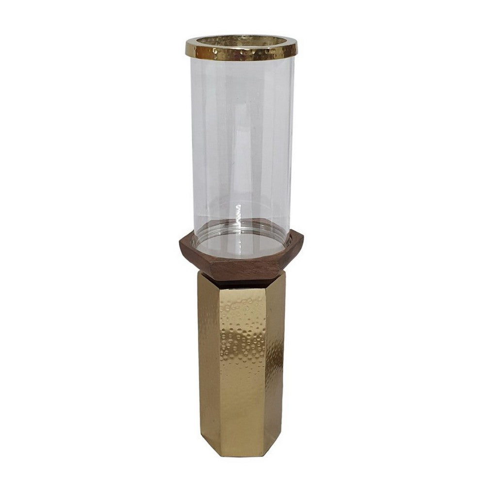 Gemo Hurricane Candle Holder with Gold Base, Mango Wood Accent 18 Inch - BM350262