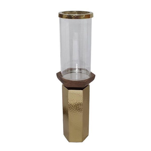 Gemo Hurricane Candle Holder with Gold Base, Mango Wood Accent 18 Inch - BM350262