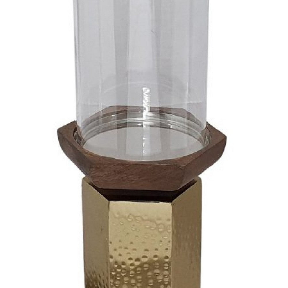 Gemo Hurricane Candle Holder with Gold Base, Mango Wood Accent 18 Inch - BM350262