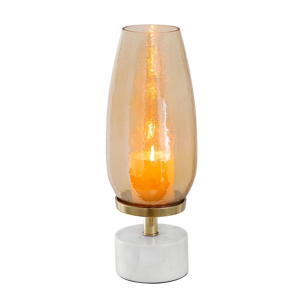 Fem Hurricane Candle Holder, White Marble Base, 17 Inch Gold Glass - BM350263