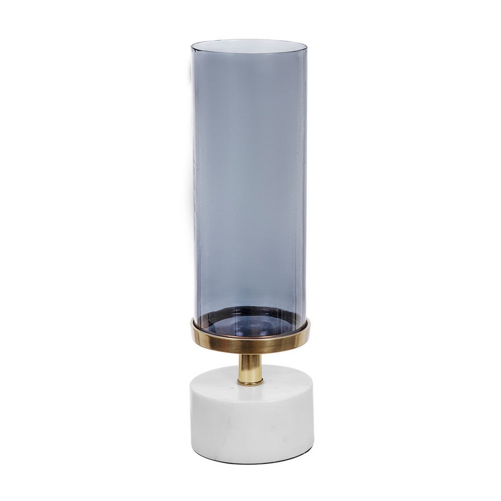 Fem Hurricane Candle Holder, White Marble Base, 16 Inch Gray Glass - BM350264