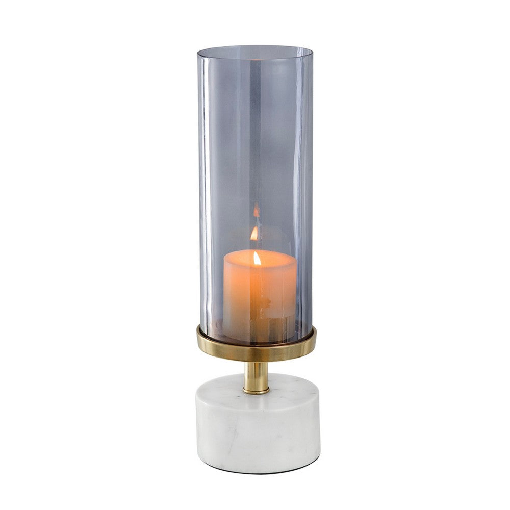 Fem Hurricane Candle Holder, White Marble Base, 16 Inch Gray Glass - BM350264