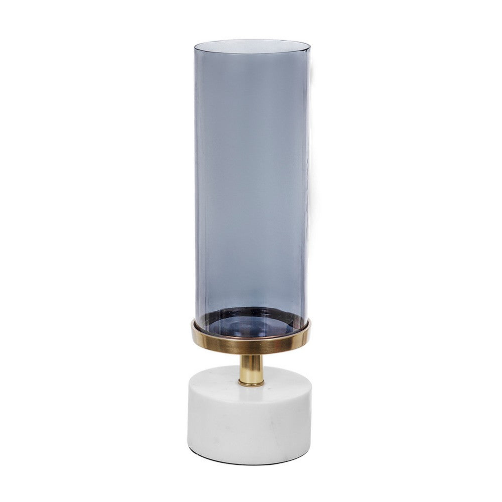 Fem Hurricane Candle Holder, White Marble Base, 16 Inch Gray Glass - BM350264