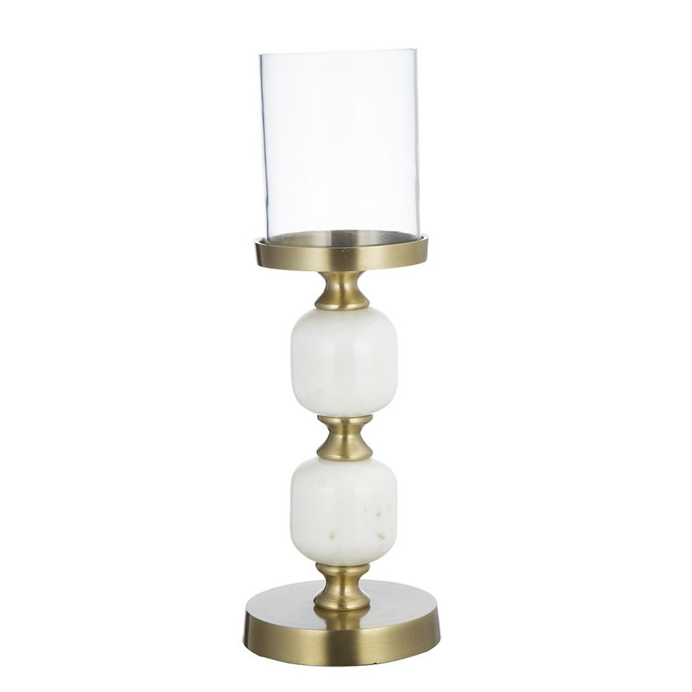 Kez Hurricane Candle Holder, White Marble, 16 Inch Turned Gold Accent - BM350265