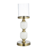 Kez Hurricane Candle Holder, White Marble, 16 Inch Turned Gold Accent - BM350265