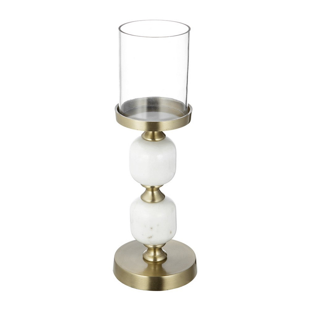 Kez Hurricane Candle Holder, White Marble, 16 Inch Turned Gold Accent - BM350265