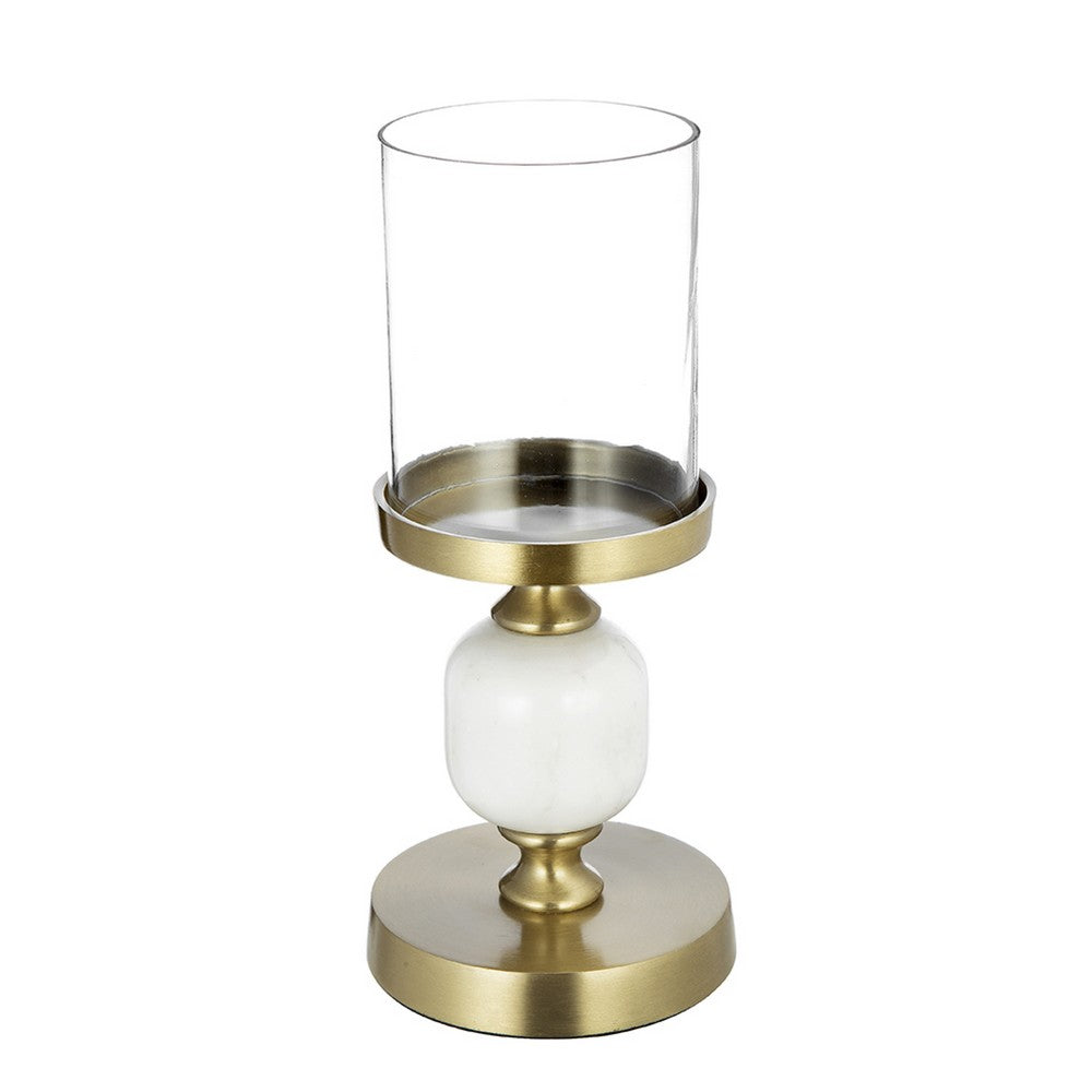Kez Hurricane Candle Holder, White Marble, 11 Inch Turned Gold Accent - BM350266
