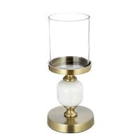 Kez Hurricane Candle Holder, White Marble, 11 Inch Turned Gold Accent - BM350266