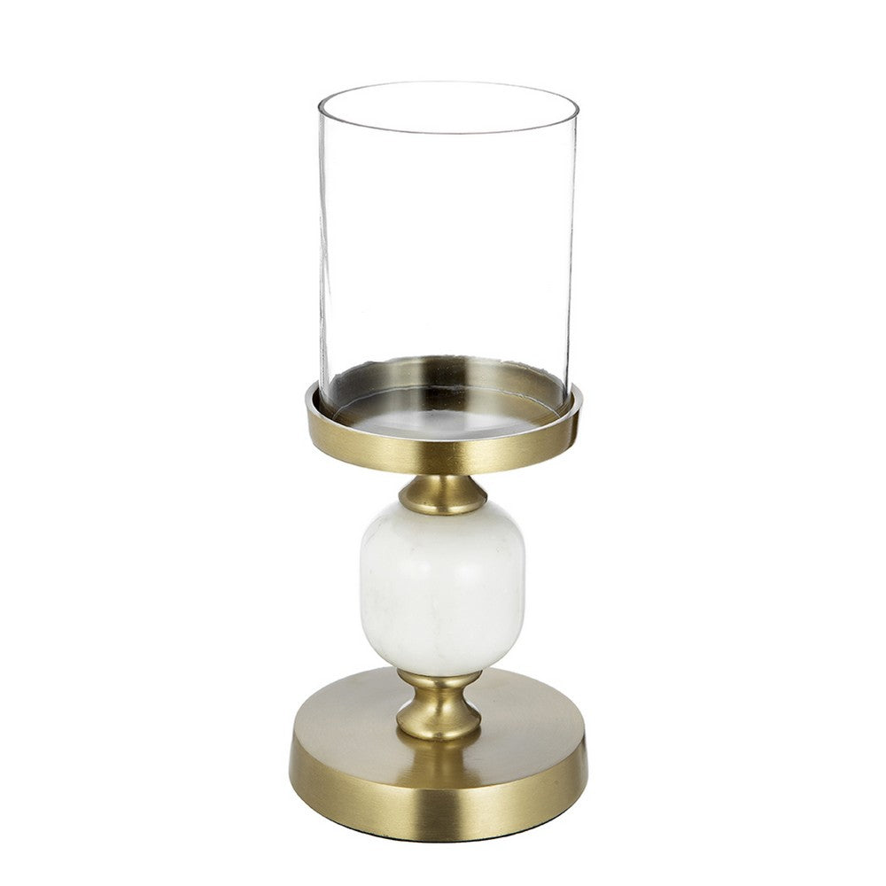 Kez Hurricane Candle Holder, White Marble, 11 Inch Turned Gold Accent - BM350266