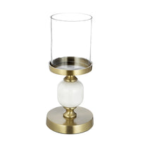 Kez Hurricane Candle Holder, White Marble, 11 Inch Turned Gold Accent - BM350266