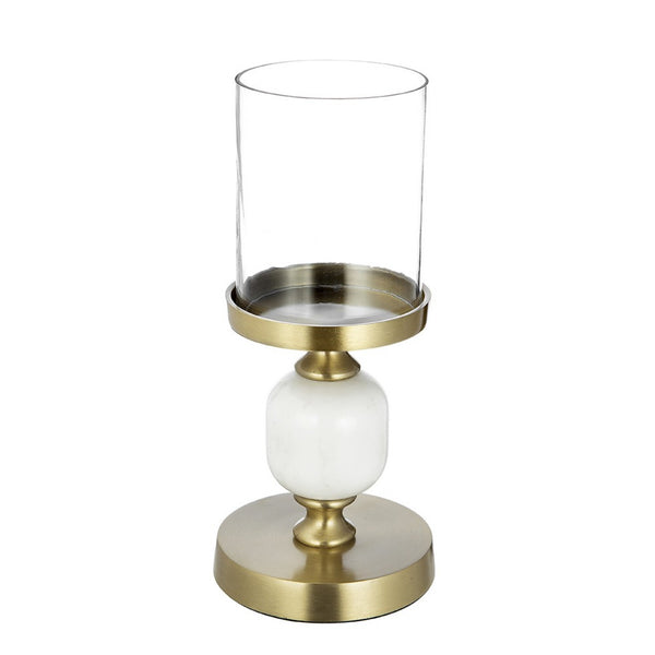 Kez Hurricane Candle Holder, White Marble, 11 Inch Turned Gold Accent - BM350266
