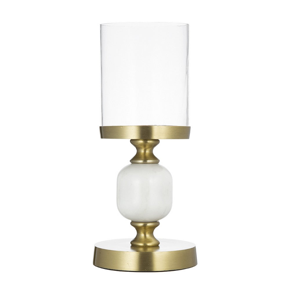 Kez Hurricane Candle Holder, White Marble, 11 Inch Turned Gold Accent - BM350266