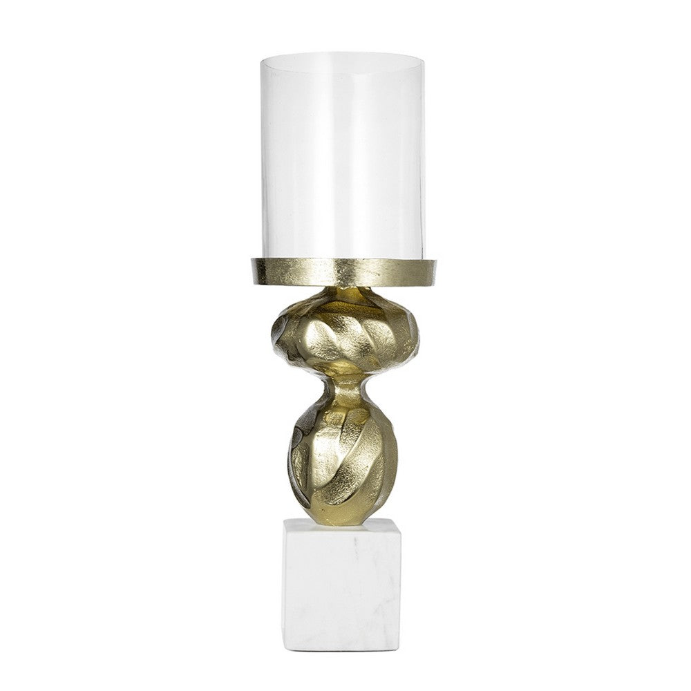 Hurricane Candle Holder, White Marble Base, 14 Inch Turned Gold Accent - BM350267