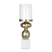 Hurricane Candle Holder, White Marble Base, 14 Inch Turned Gold Accent - BM350267