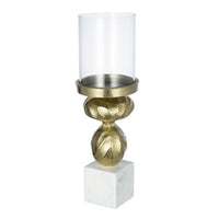 Hurricane Candle Holder, White Marble Base, 14 Inch Turned Gold Accent - BM350267