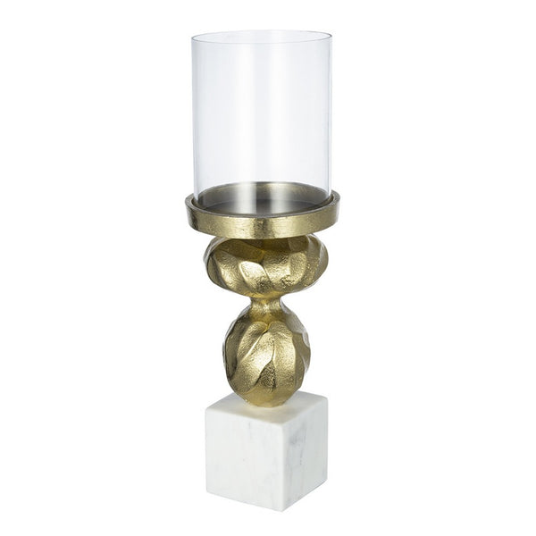 Hurricane Candle Holder, White Marble Base, 14 Inch Turned Gold Accent - BM350267