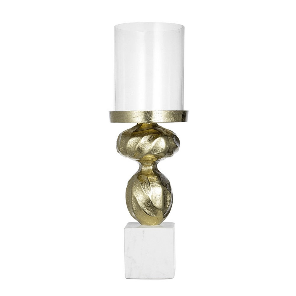 Hurricane Candle Holder, White Marble Base, 14 Inch Turned Gold Accent - BM350267