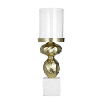 Hurricane Candle Holder, White Marble Base, 14 Inch Turned Gold Accent - BM350267