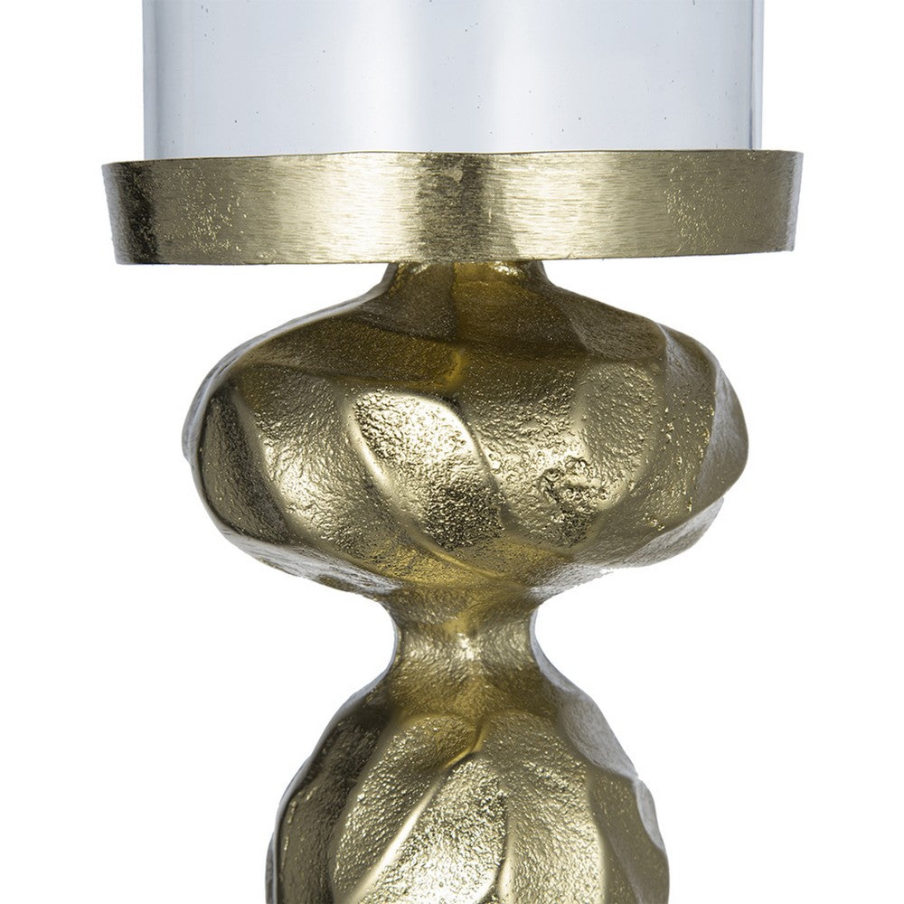 Hurricane Candle Holder, White Marble Base, 14 Inch Turned Gold Accent - BM350267