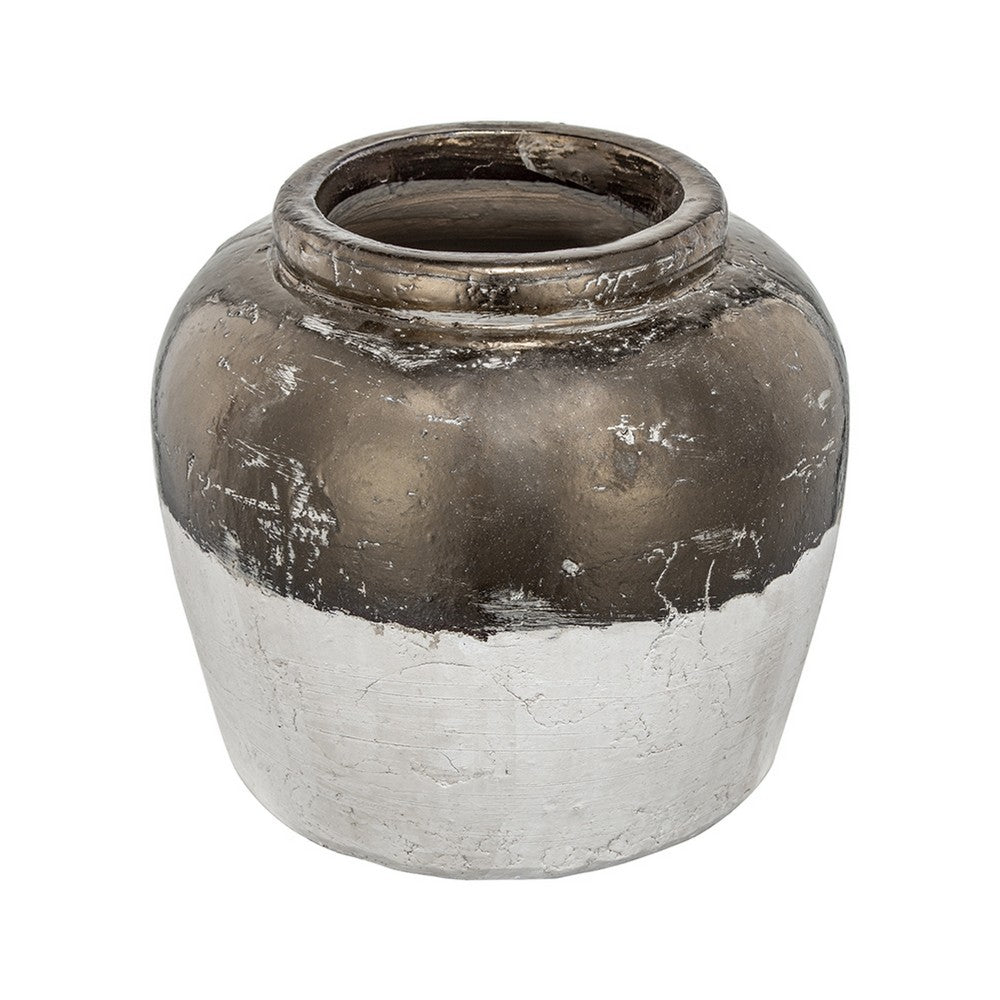 Accent Flower Vase, Rustic Bronze and Silver Terracotta, 13 Inch Round - BM350268