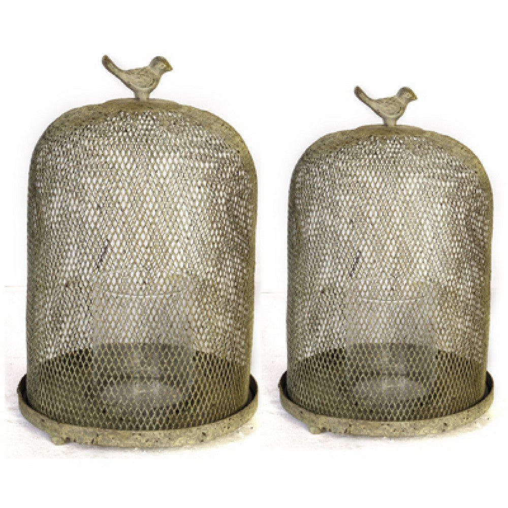 Vintage Candle Holder Set of 2, Sparrow Accent Mesh Dome Design, Gray - BM350270
