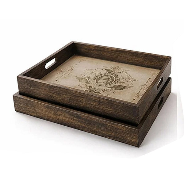 Decorative Serving Tray Set of 2, Vintage Emblem Design, Cream Brown - BM350271