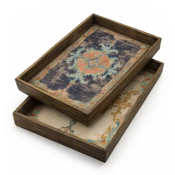 Decorative Serving Tray Set of 2, Vintage Damask Patterns, Brown - BM350272
