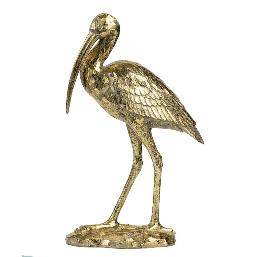 Standing Crane Figurine, 16 Inch Antique Gold Resin, Textured Feathers - BM350277