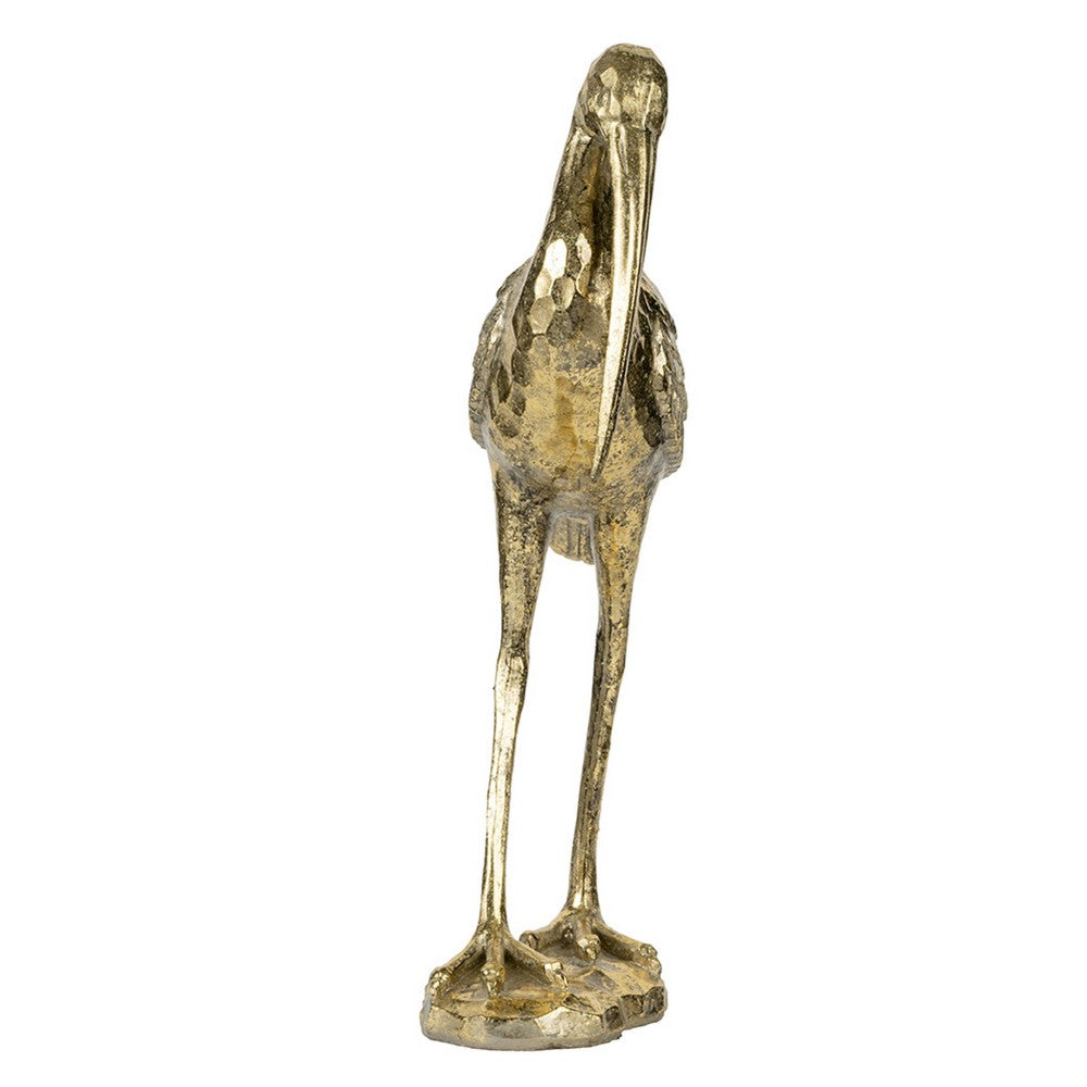 Standing Crane Figurine, 16 Inch Antique Gold Resin, Textured Feathers - BM350277