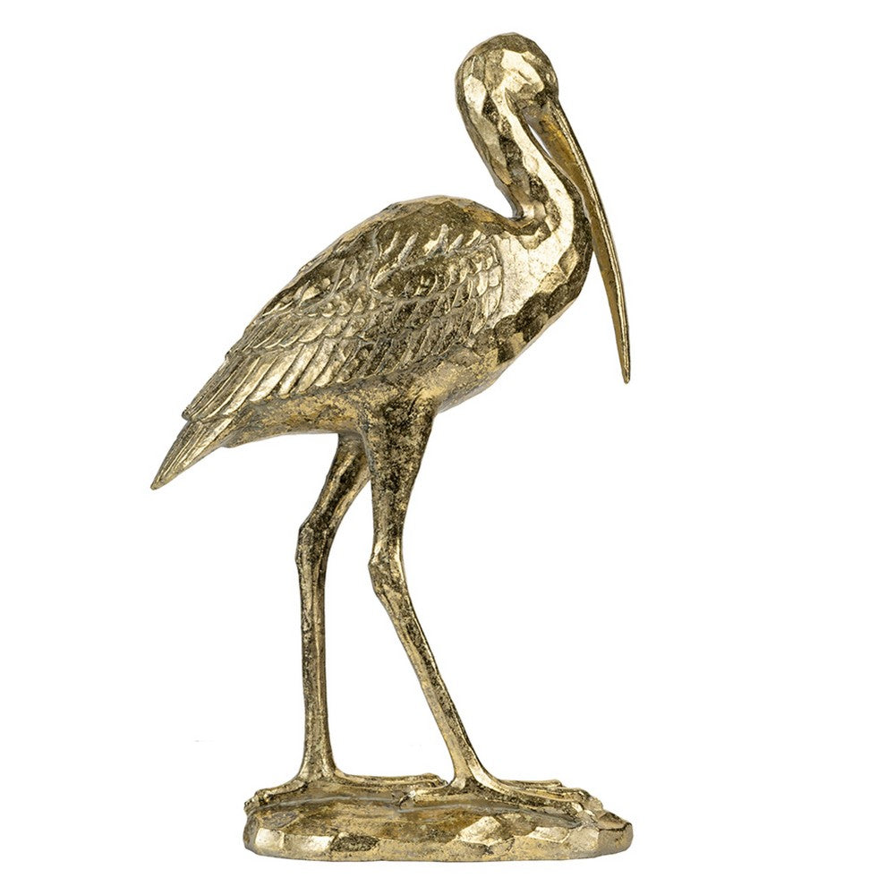 Standing Crane Figurine, 16 Inch Antique Gold Resin, Textured Feathers - BM350277