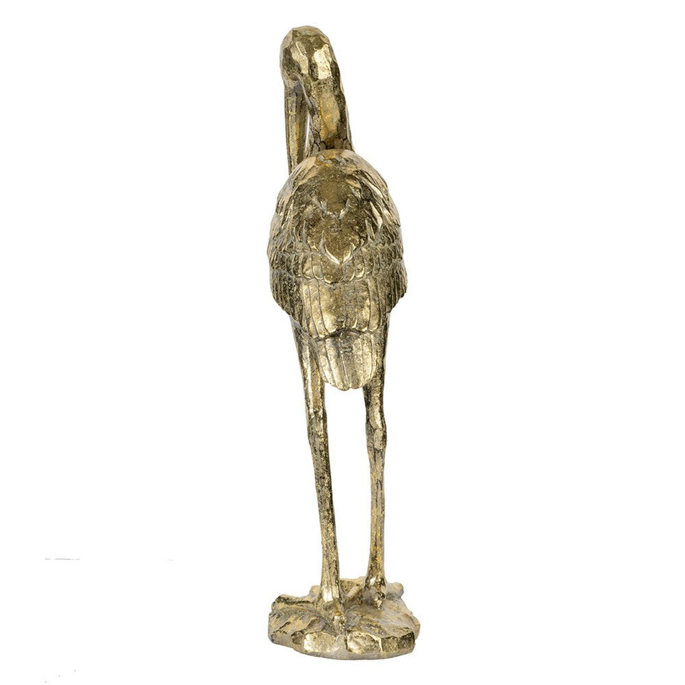 Standing Crane Figurine, 16 Inch Antique Gold Resin, Textured Feathers - BM350277