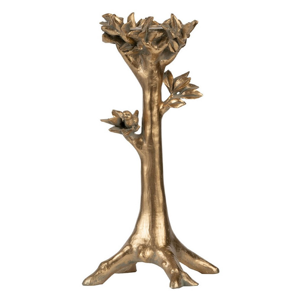 Tree Candle Holder Stand, 13 Inch Decorative Design, Antique Gold Resin - BM350278