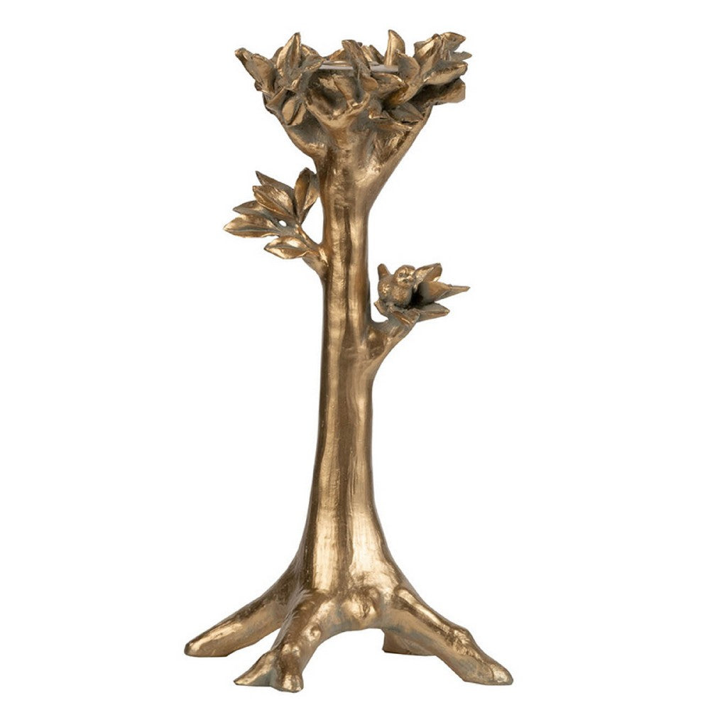 Tree Candle Holder Stand, 13 Inch Decorative Design, Antique Gold Resin - BM350278