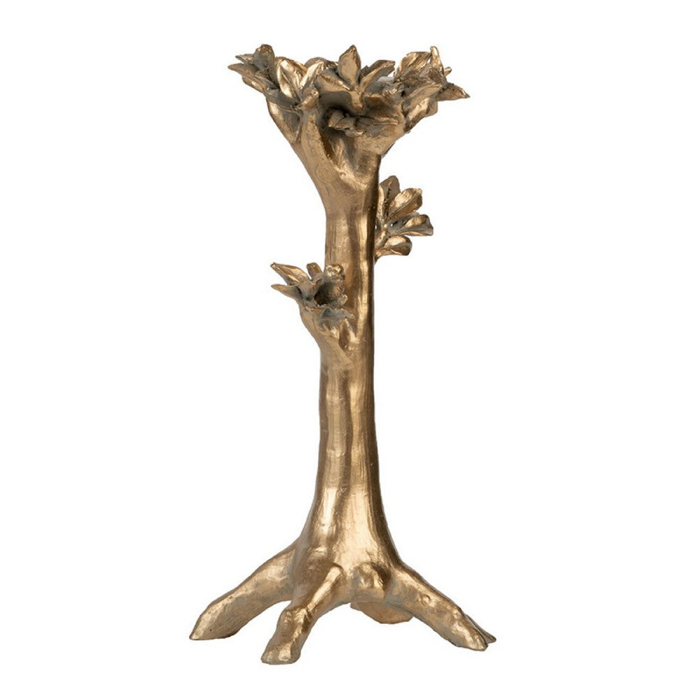 Tree Candle Holder Stand, 13 Inch Decorative Design, Antique Gold Resin - BM350278
