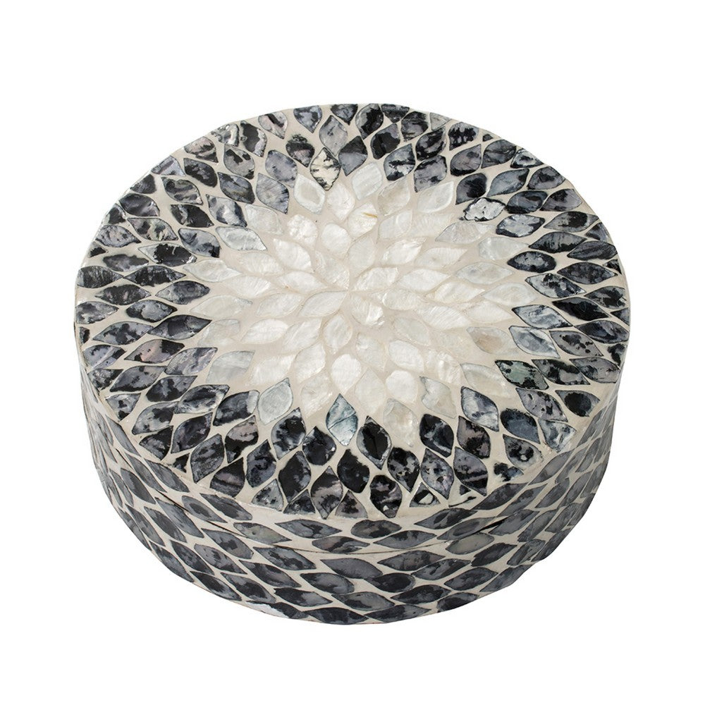 Decorative Box, 10 Inch Round White, Black Mother of Pearl Inlay, Capiz - BM350279