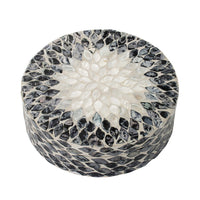 Decorative Box, 10 Inch Round White, Black Mother of Pearl Inlay, Capiz - BM350279