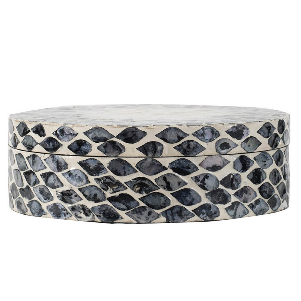 Decorative Box, 10 Inch Round White, Black Mother of Pearl Inlay, Capiz - BM350279