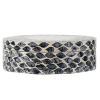 Decorative Box, 10 Inch Round White, Black Mother of Pearl Inlay, Capiz - BM350279