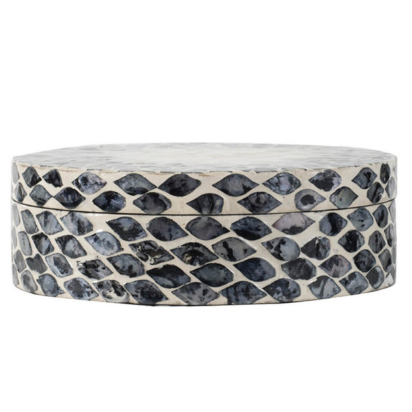 Decorative Box, 10 Inch Round White, Black Mother of Pearl Inlay, Capiz - BM350279