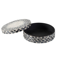 Decorative Box, 10 Inch Round White, Black Mother of Pearl Inlay, Capiz - BM350279
