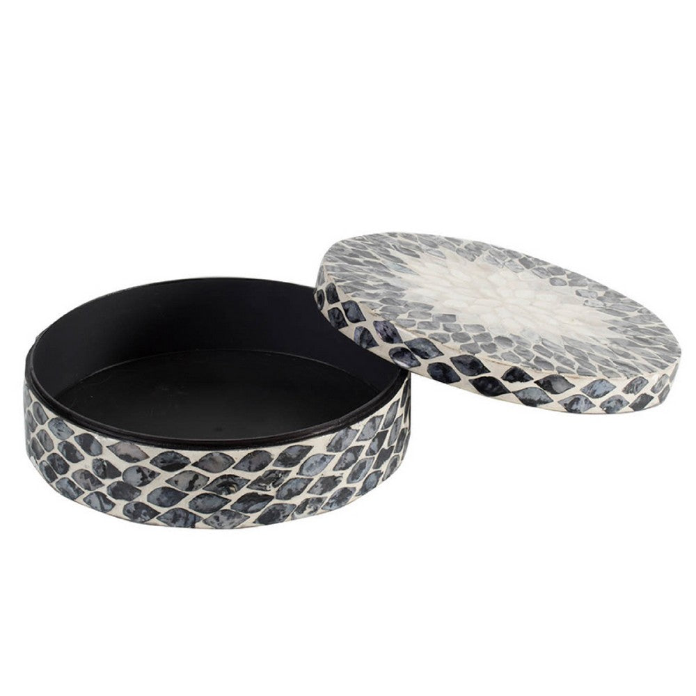 Decorative Box, 10 Inch Round White, Black Mother of Pearl Inlay, Capiz - BM350279