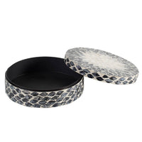 Decorative Box, 10 Inch Round White, Black Mother of Pearl Inlay, Capiz - BM350279