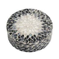 Decorative Box, 10 Inch Round White, Black Mother of Pearl Inlay, Capiz - BM350279