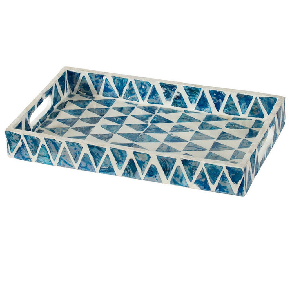 Decorative Tray, 14 Inch Capiz Geometric Pattern, Blue and White - BM350280